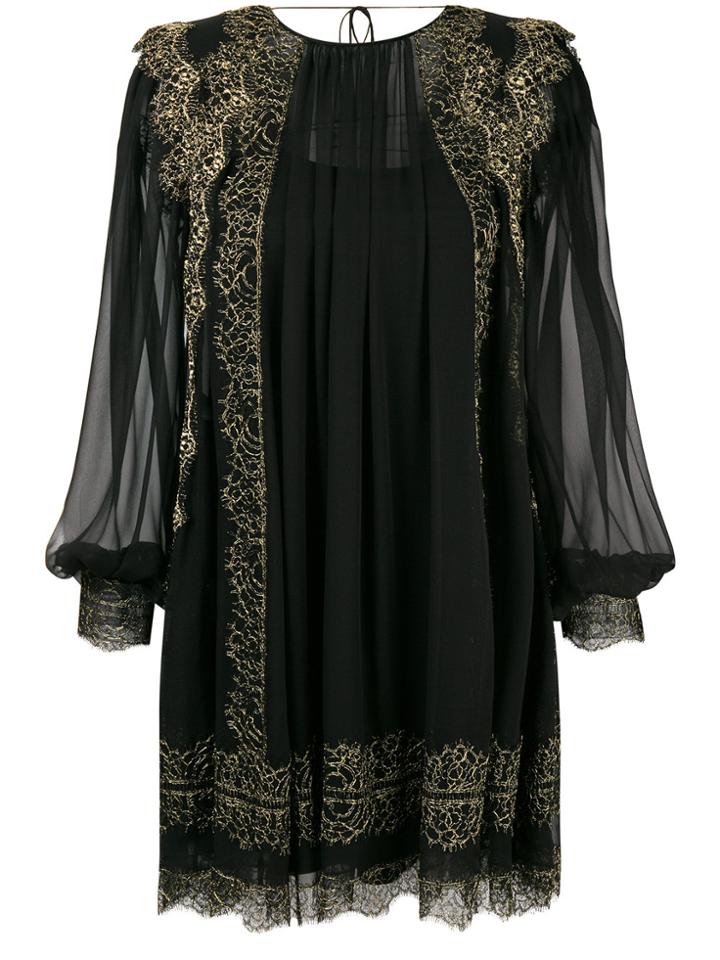 Alberta Ferretti Lace Trim Chiffon Mini Dress - Black