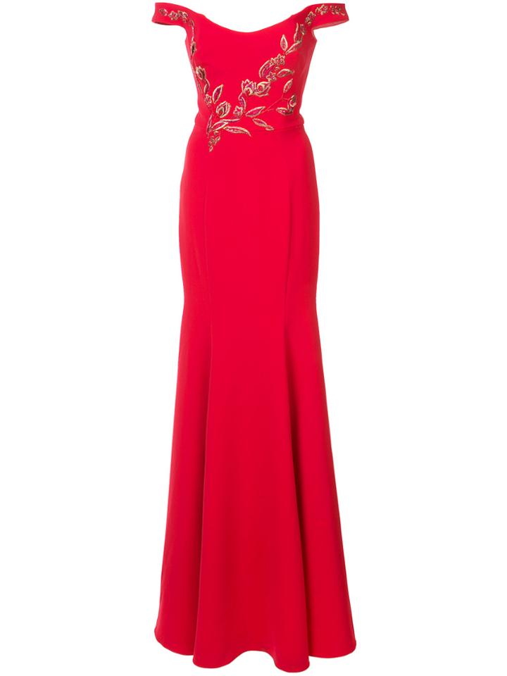 Marchesa Notte Embroidered Bardot Dress