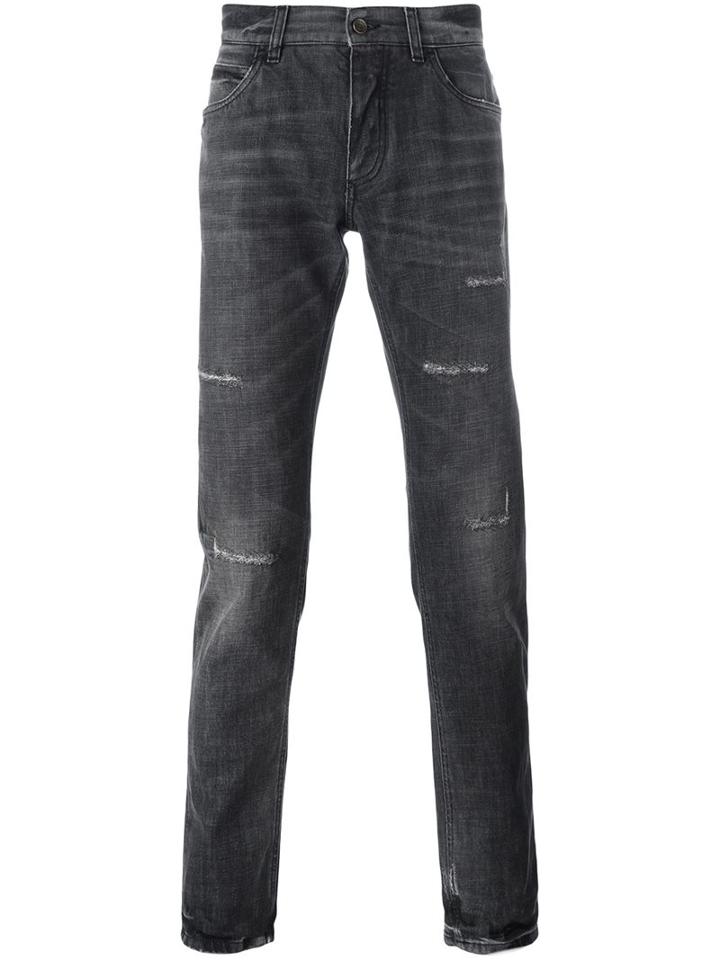 Dolce & Gabbana Distressed Jeans, Men's, Size: 52, Grey, Cotton/calf Leather/zamac