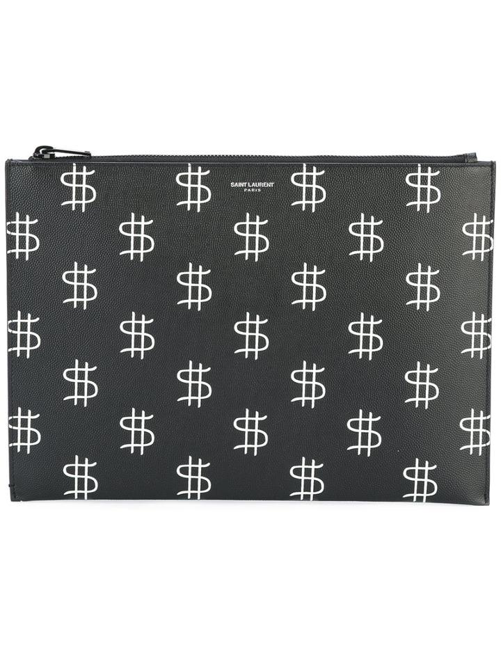 Saint Laurent Motif Pattern Clutch Bag, Men's, Black, Calf Leather