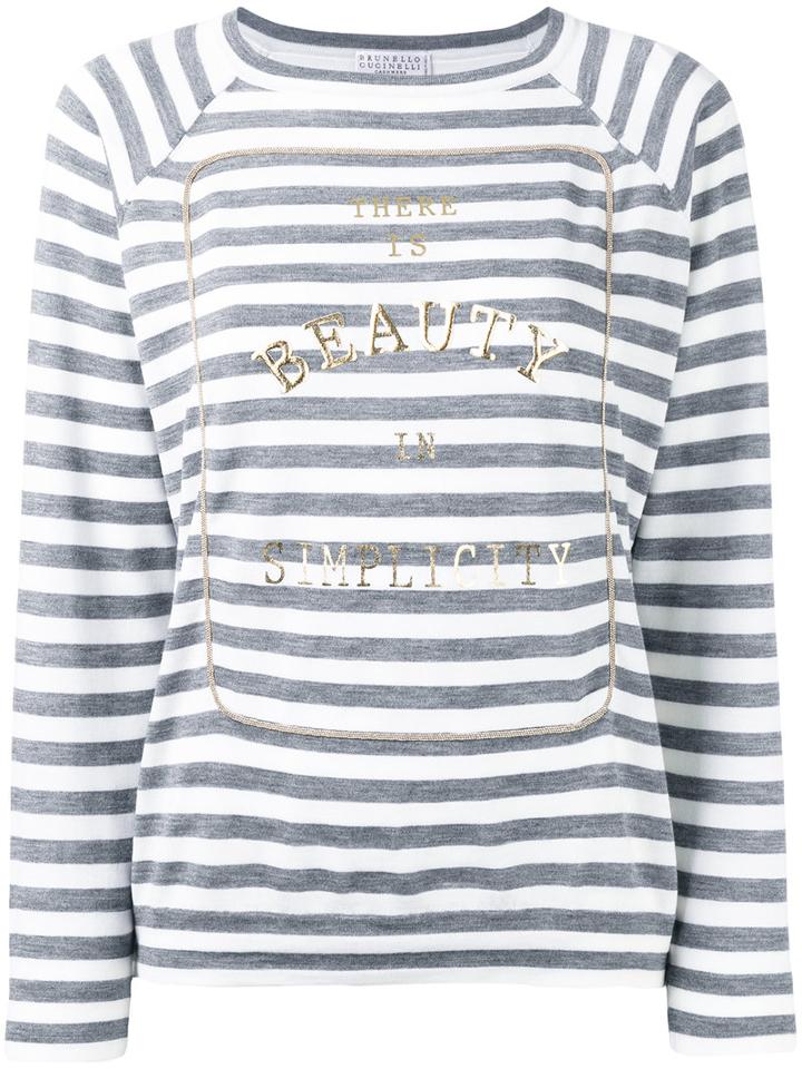Brunello Cucinelli Slogan Front Striped Sweater, Women's, Size: Small, Grey, Cashmere/virgin Wool