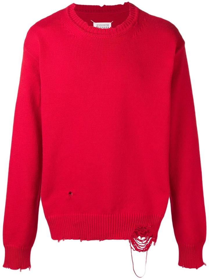 Maison Margiela Distressed Crew Neck Jumper - Red