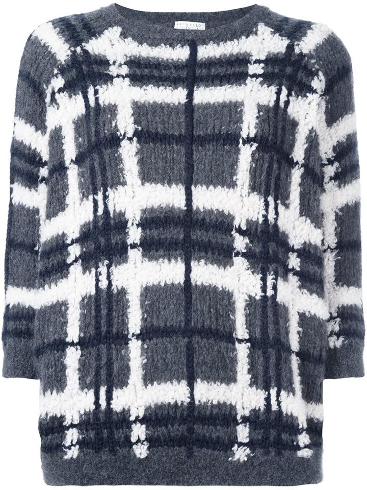 Brunello Cucinelli Plaid Crew Neck Jumper, Women's, Size: Medium, Grey, Polyamide/cashmere/alpaca