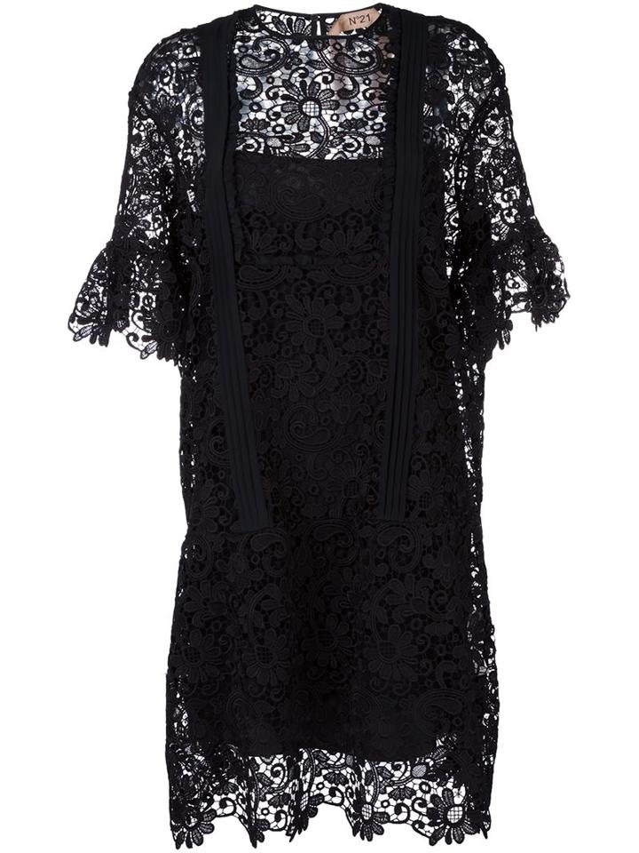 No21 Floral Lace Short Sleeve Dress, Women's, Size: 40, Black, Polyester/acetate/silk/acetate