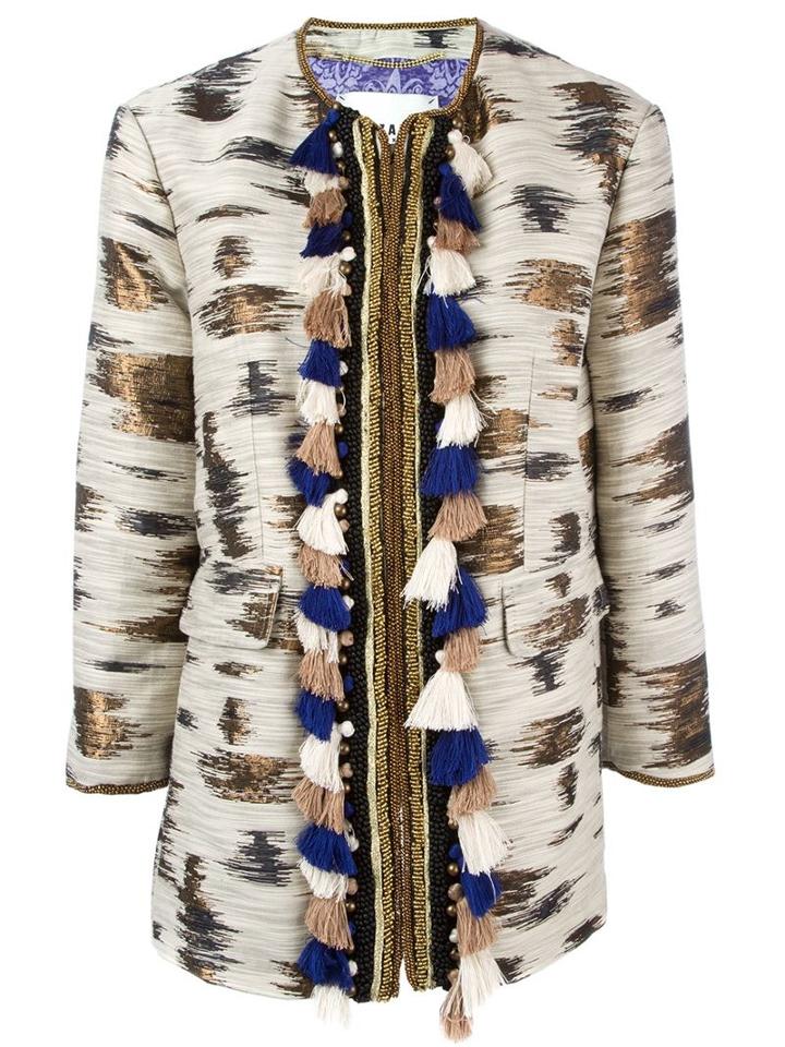 Bazar Deluxe Pom-pom Trim Jacquard Coat, Women's, Size: 44, Nude/neutrals, Cotton/silk/polyester