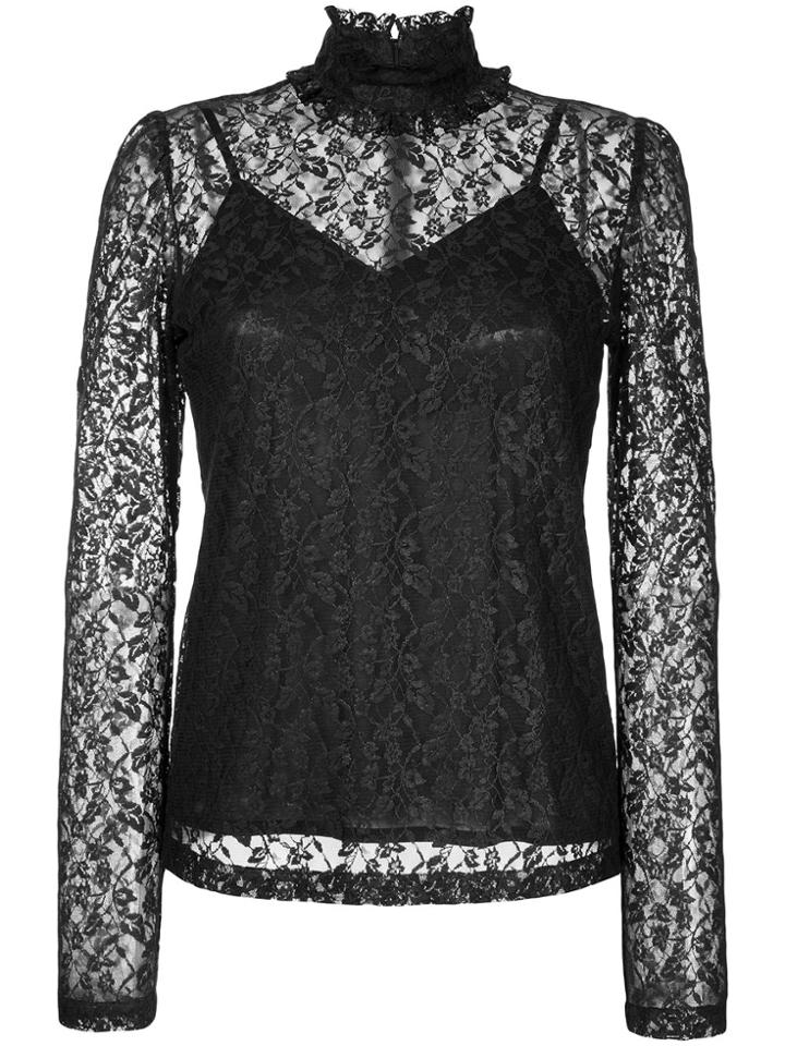 G.v.g.v. Foiled Lace Frilled High Neck Top - Black