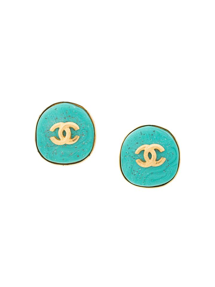 Chanel Vintage Round Logo Earrings - Green