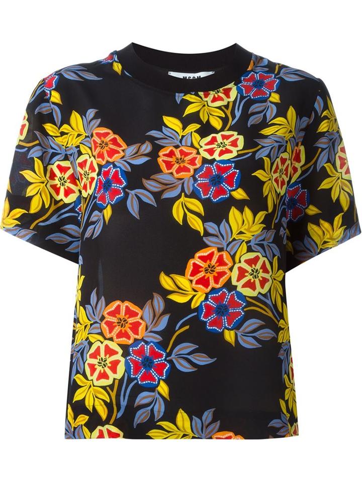 Msgm Floral Print Shortsleeved Top, Women's, Size: 40, Black, Silk