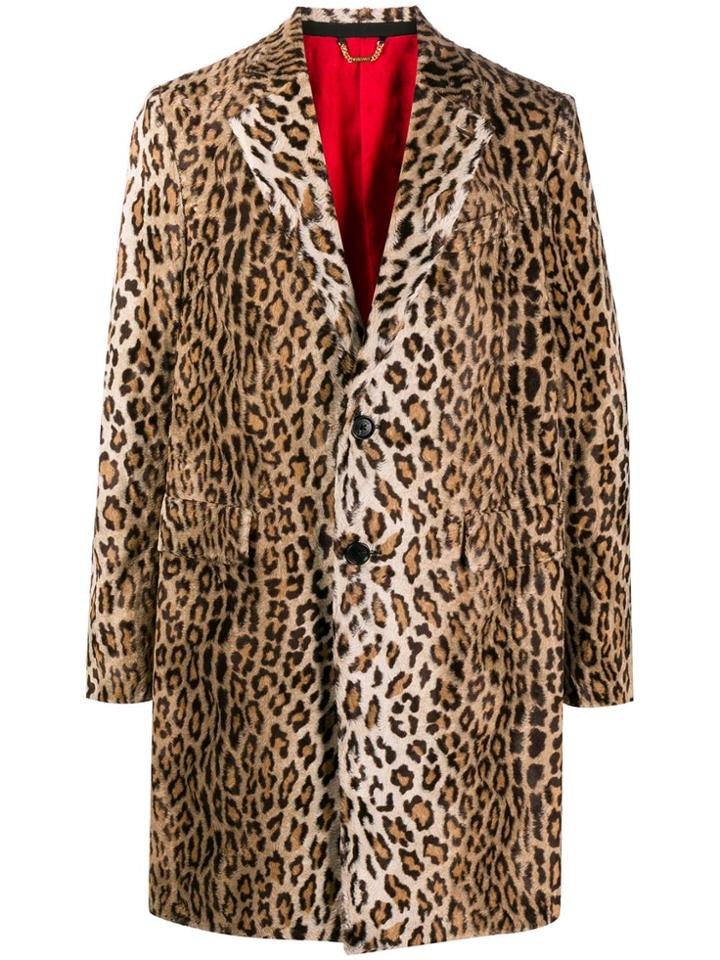 Versace Leopard Print Single-breasted Coat - Brown
