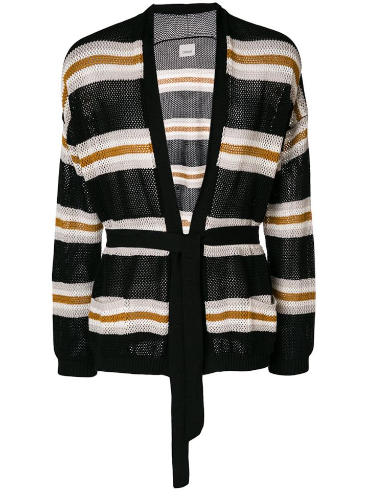 Laneus Jacquard Tie-waisted Open Weave Cardigan - Black