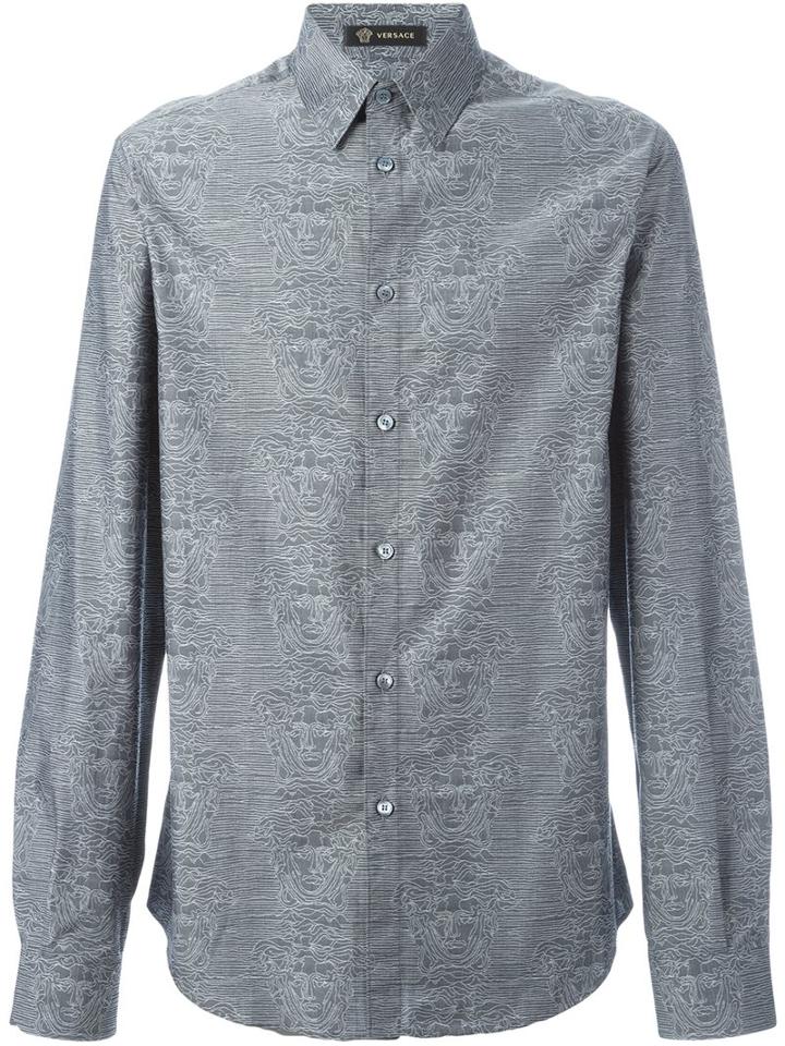 Versace Joy Division Pattern Shirt, Men's, Size: 38, Grey, Cotton