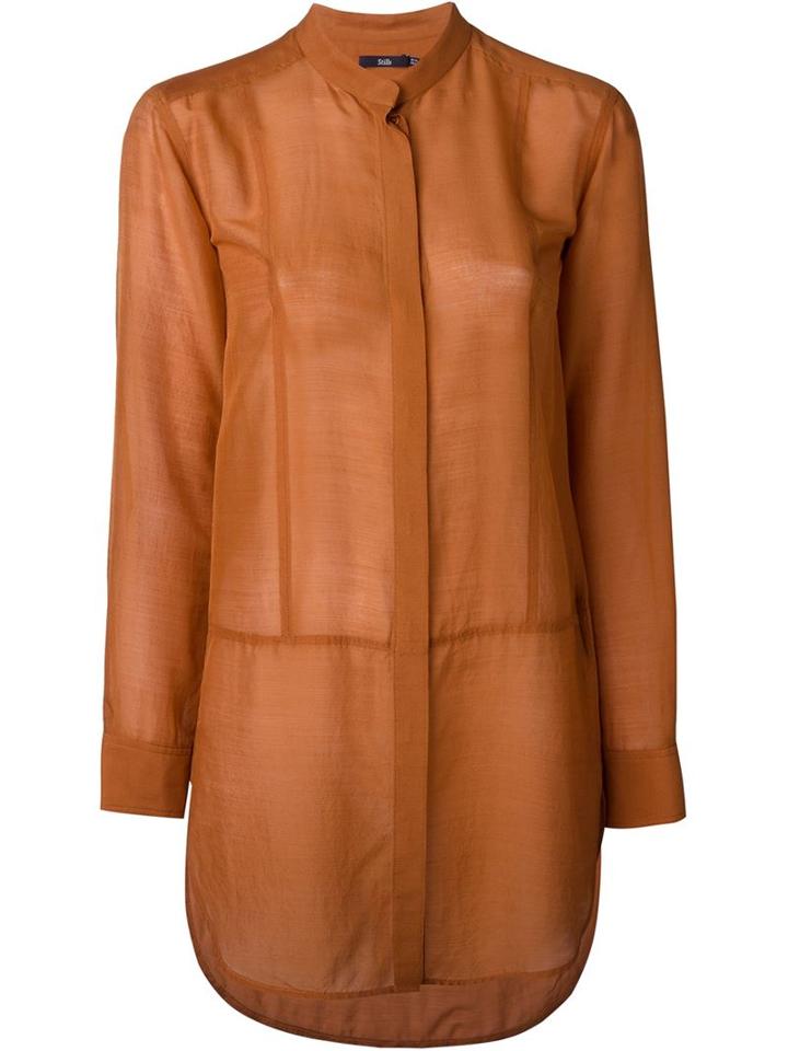 Stills Long Band Collar Shirt, Women's, Size: 34, Yellow/orange, Silk/wool