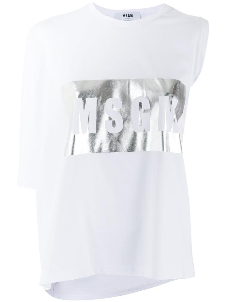 Msgm Metallic Logo Asymmetric T-shirt, Women's, Size: Large, White, Cotton
