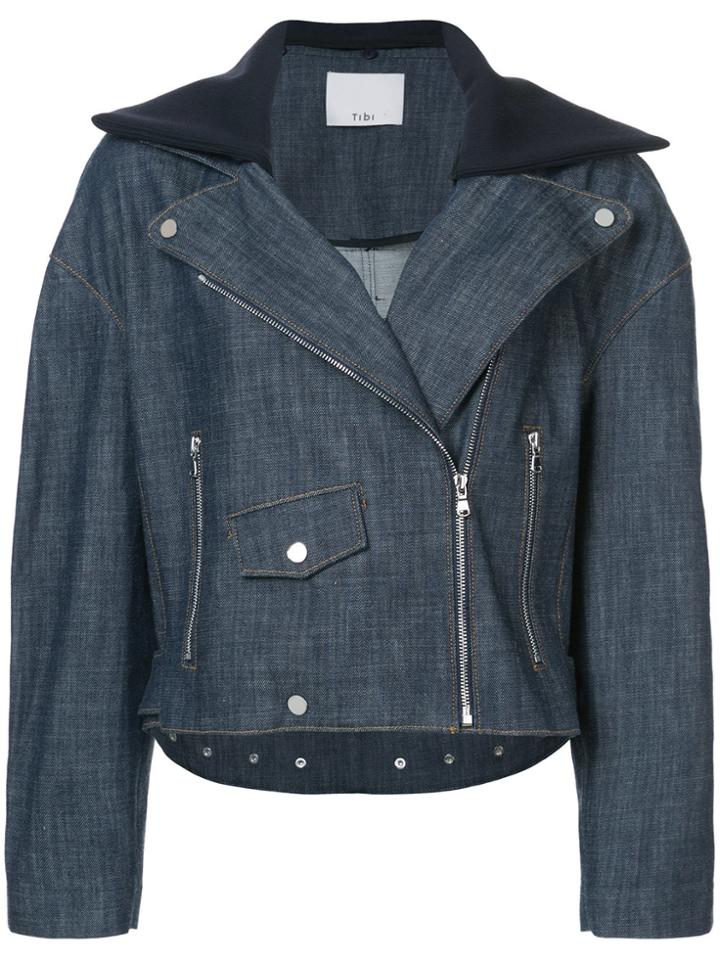 Tibi Oversized Motorcycle Style Denim Jacket - Blue