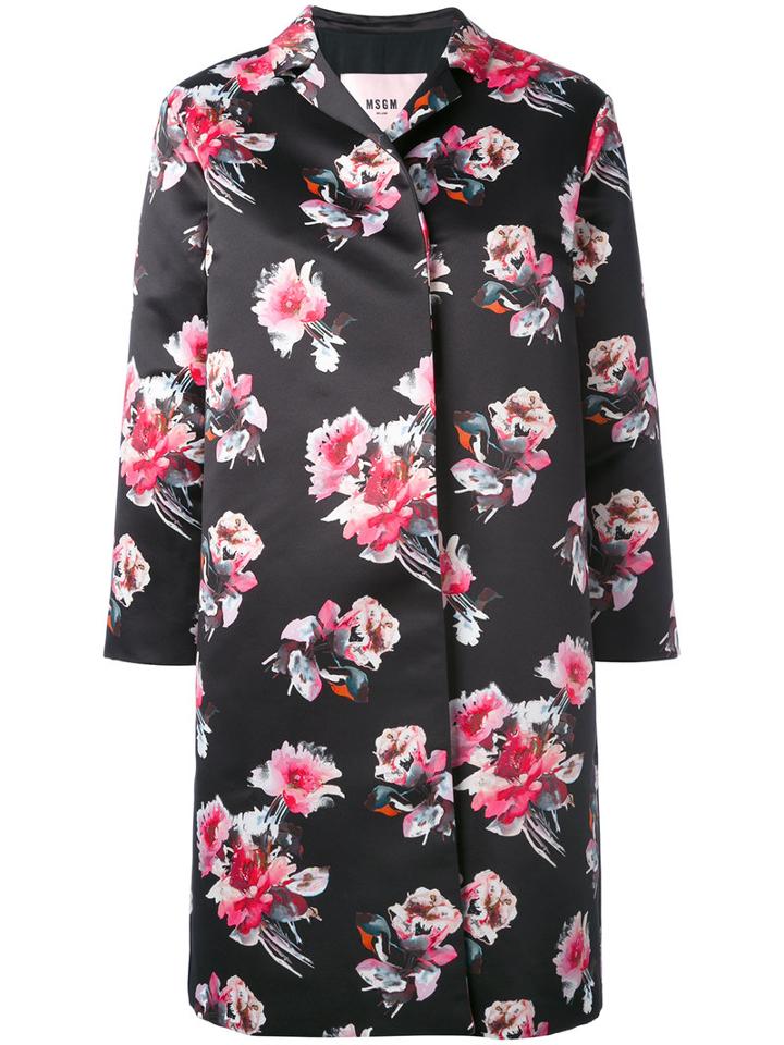 Msgm - Flower Print Coat - Women - Polyester - 42, Black, Polyester