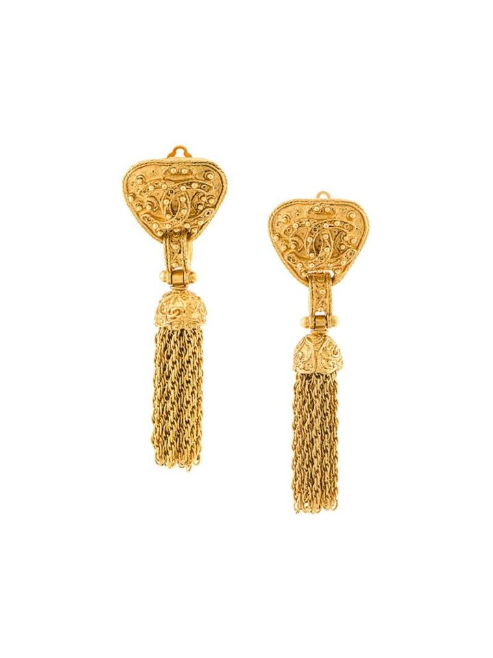 Chanel Vintage Logo Tassel Clip-on Earrings, Women's, Metallic