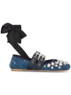 Miu Miu Embellished Denim Double Buckle Ballerina Flats - Blue