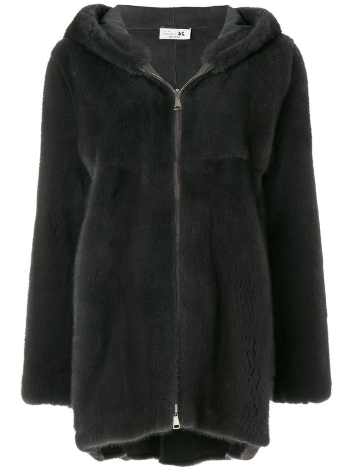 Manzoni 24 Fur Zipped Coat With Hoodie - Grey