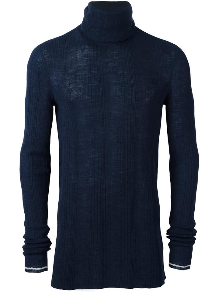 Lanvin Irregular Ribs Turtle Neck Sweater, Men's, Size: Large, Blue, Wool