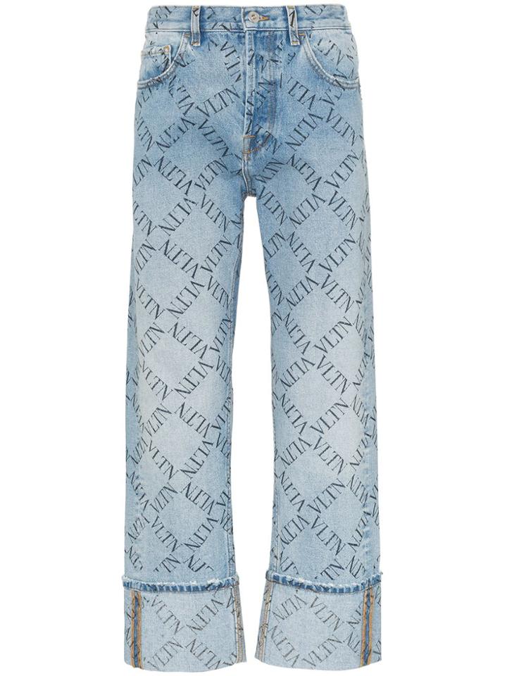 Valentino Grid Logo Turned Up Jeans - Blue