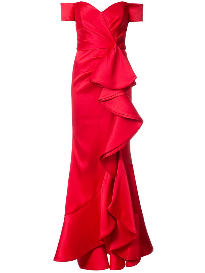 Badgley Mischka Off Shoulder Ruffled Evening Gown - Red
