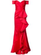 Badgley Mischka Off Shoulder Ruffled Evening Gown - Red