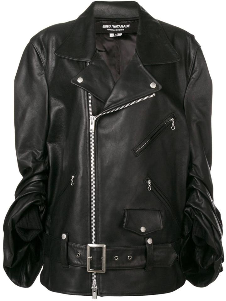Junya Watanabe Ruched Sleeve Leather Biker Jacket - Black