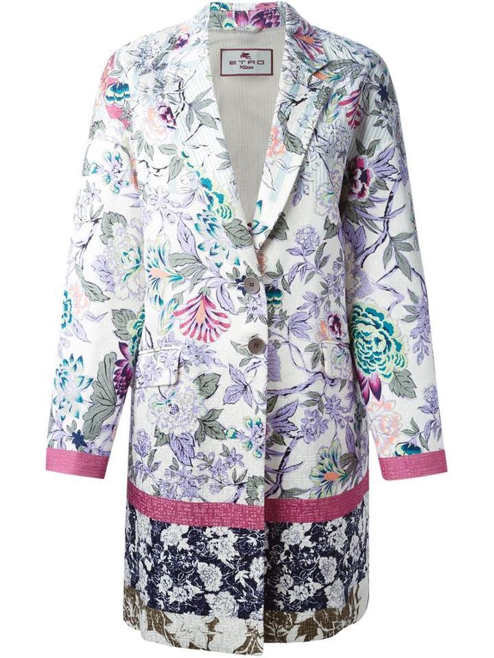 Etro Floral Print Coat, Women's, Size: 48, White, Cotton/viscose/spandex/elastane
