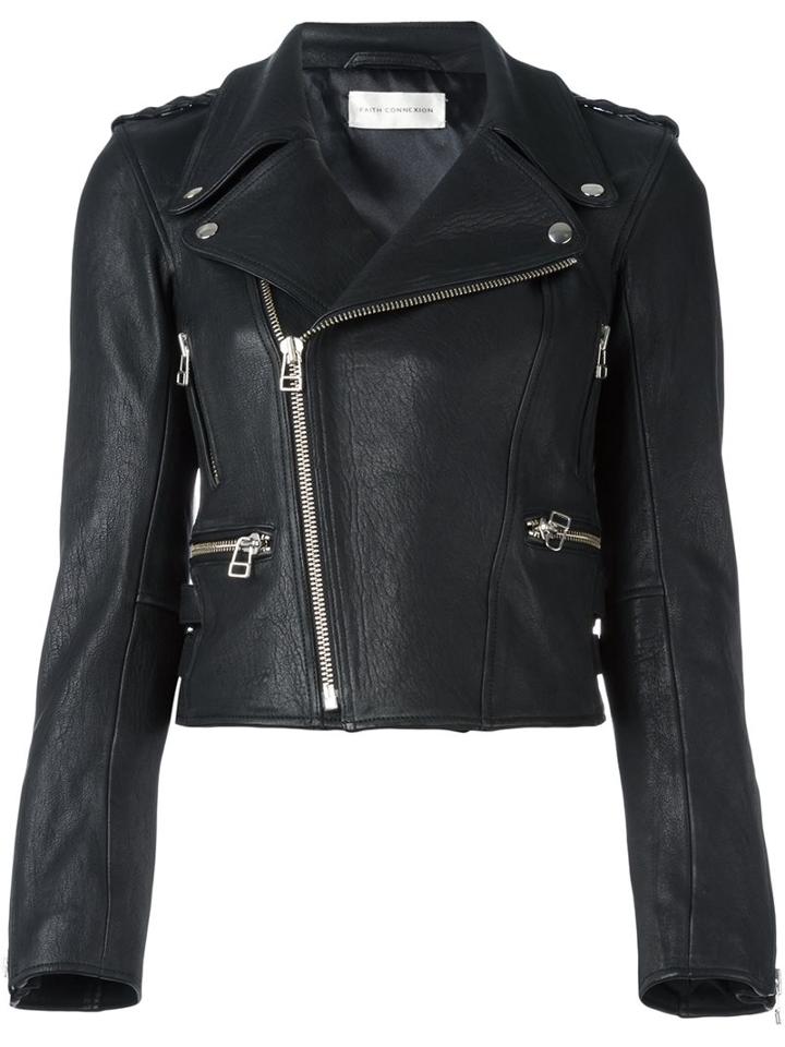 Faith Connexion Cropped Biker Jacket, Women's, Size: 38, Black, Leather/polyester