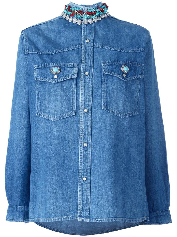 Forte Couture Embellished Collar Denim Shirt, Women's, Size: Medium, Blue, Cotton/metal/glass