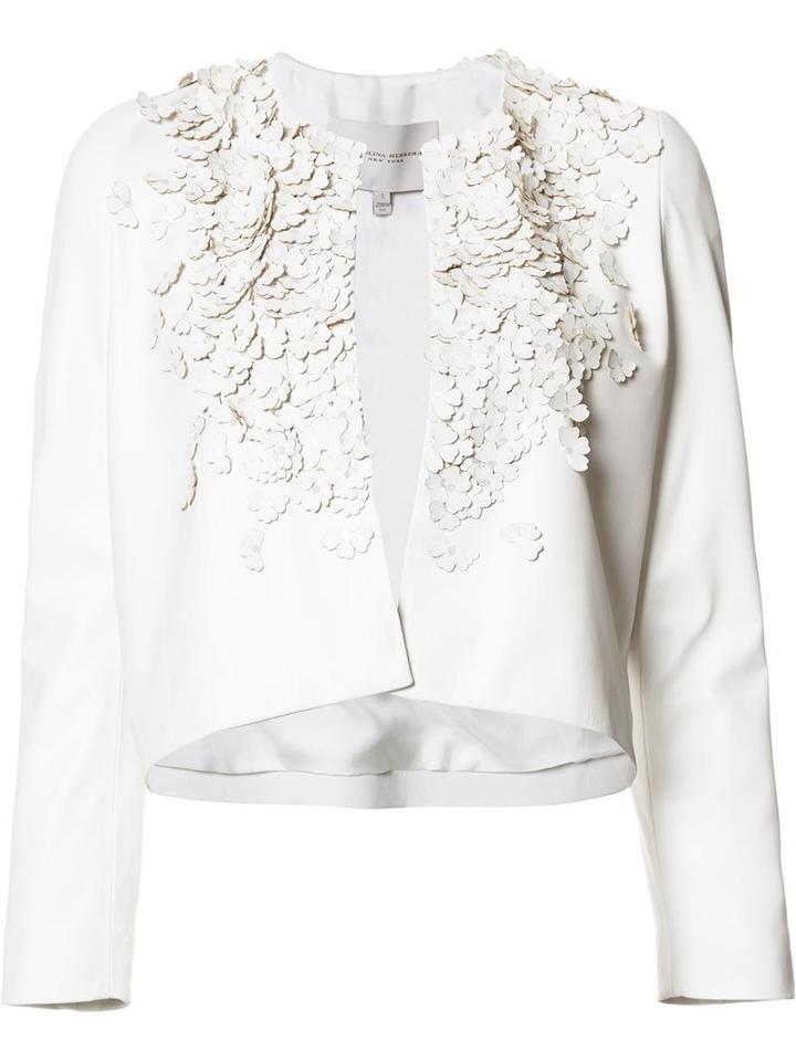 Carolina Herrera Floral Embellished Cropped Jacket, Women's, Size: 2, White, Lamb Skin