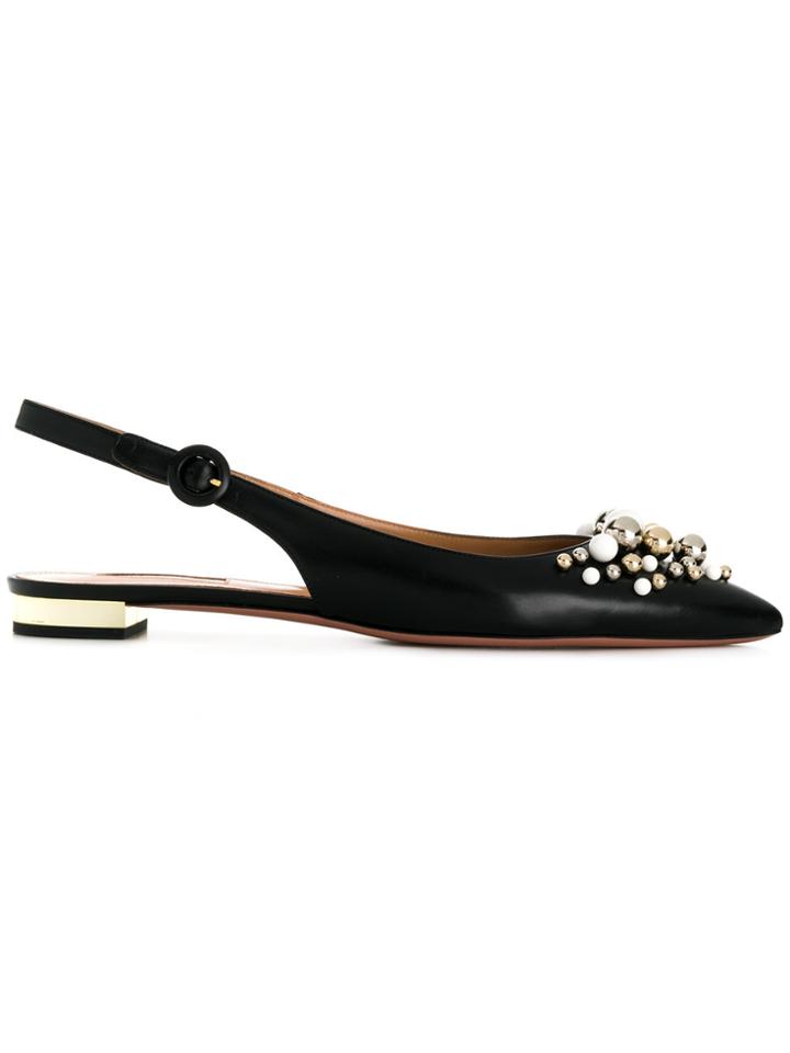 Aquazzura Almond Toe Beaded Slingback Flats - Black