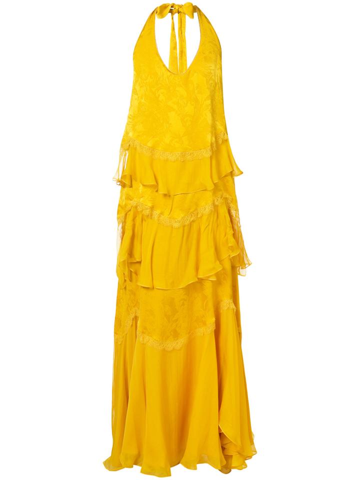 Roberto Cavalli Jacquard Ruffle Long Dress - Yellow & Orange