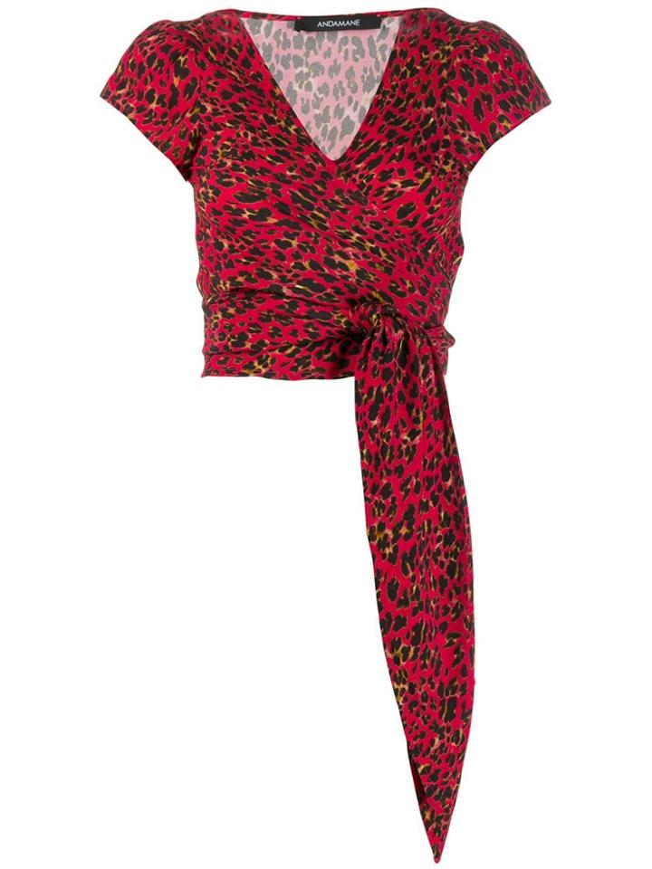 Andamane Leopard Pattern Tie Blouse - Red