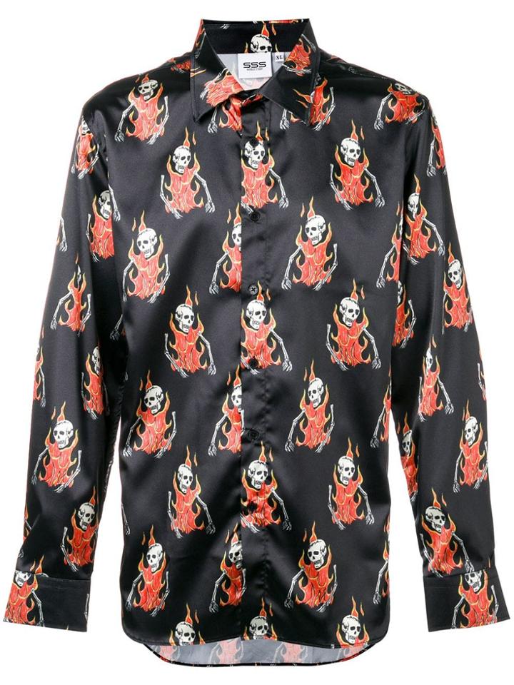 Sss World Corp Flaming Skeleton Print Shirt - Black