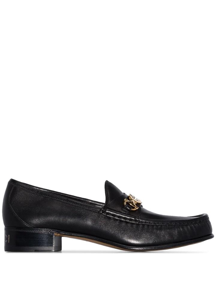 Gucci Black Leather Logo Loafers