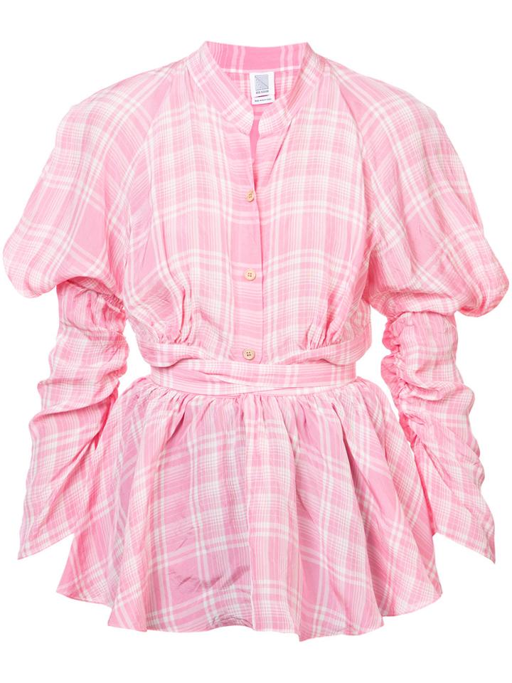 Rosie Assoulin Crinkled Plaid Puff Sleeve Blouse - Pink & Purple