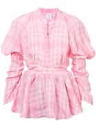 Rosie Assoulin Crinkled Plaid Puff Sleeve Blouse - Pink & Purple
