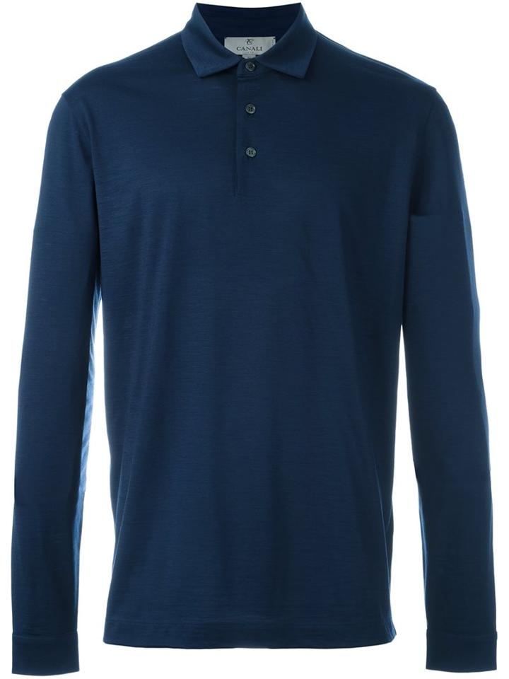Canali Longsleeved Polo Shirt, Men's, Size: 54, Blue, Virgin Wool