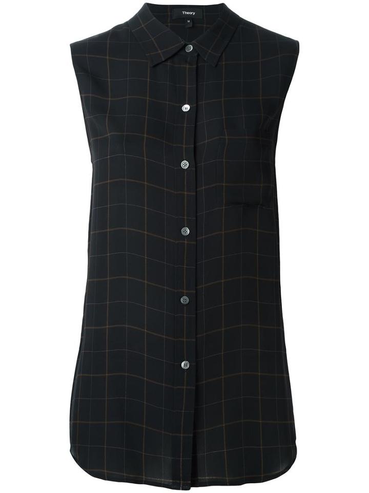 Theory Checked Sleeveless Shirt, Women's, Size: Large, Blue, Silk