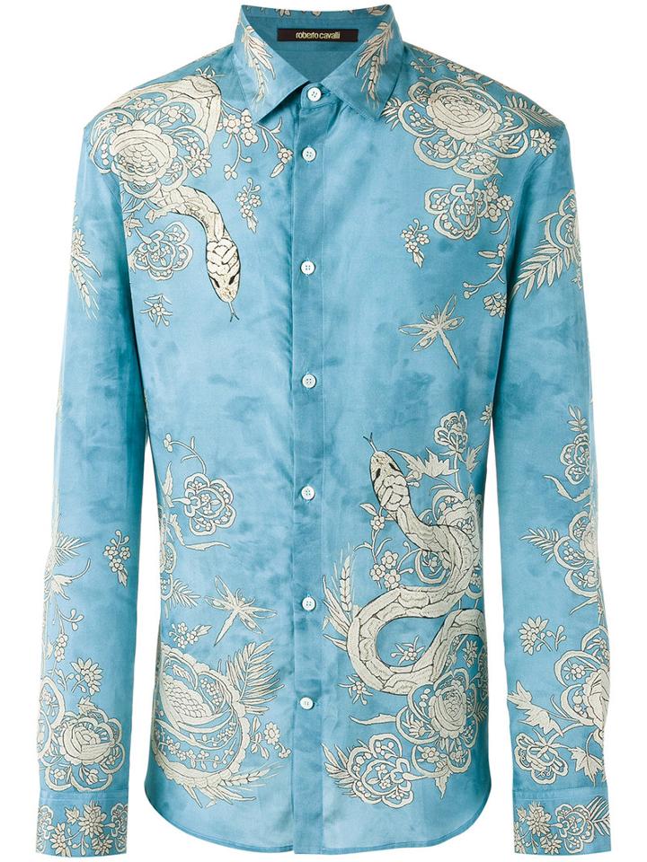 Roberto Cavalli Snake Print Shirt, Men's, Size: 42, Blue, Silk/cotton