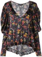 Caroline Constas Floral Low Neck Silk Blouse - Black