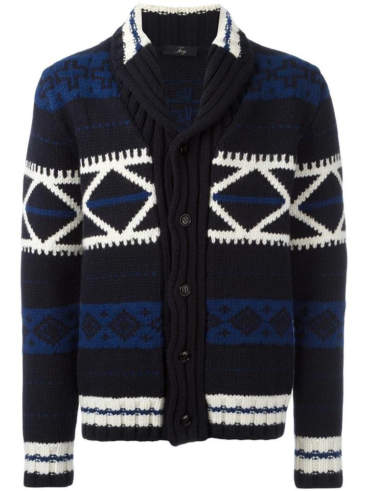 Fay Patterned Cardigan, Men's, Size: 46, Blue, Wool
