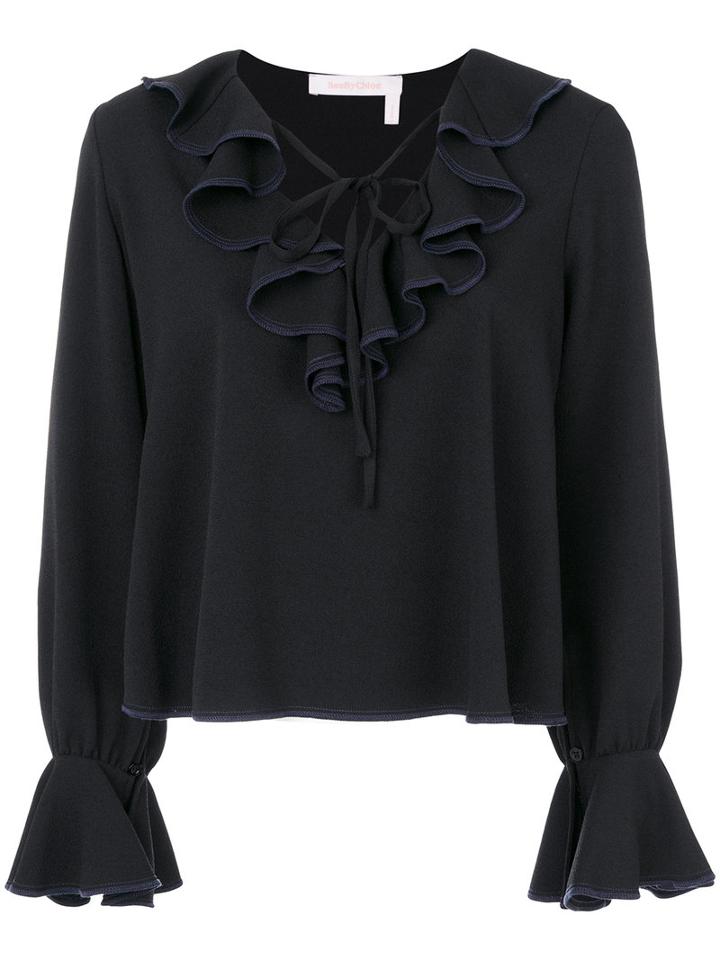 See By Chloé - Frill Blouse - Women - Polyester/spandex/elastane - 38, Black, Polyester/spandex/elastane