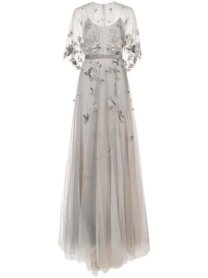 Marchesa Notte Embroidered Cape Gown - Silver