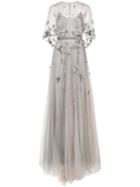 Marchesa Notte Embroidered Cape Gown - Silver