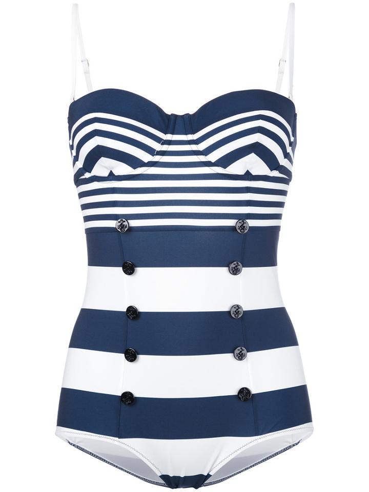 Dolce & Gabbana - Striped Button Front Swimsuit - Women - Polyamide/spandex/elastane - 3, White, Polyamide/spandex/elastane
