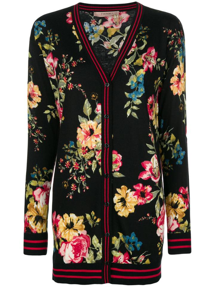 Twin-set Long Line Floral Cardigan - Black