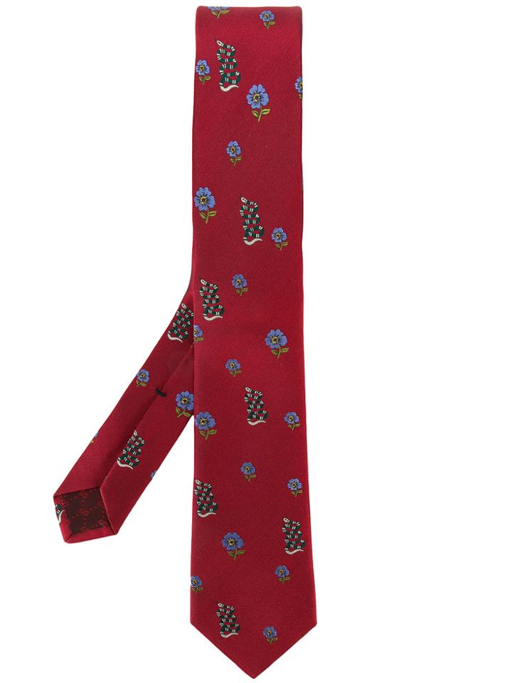 Gucci Snakes And Flowers Patterned Tie - Red