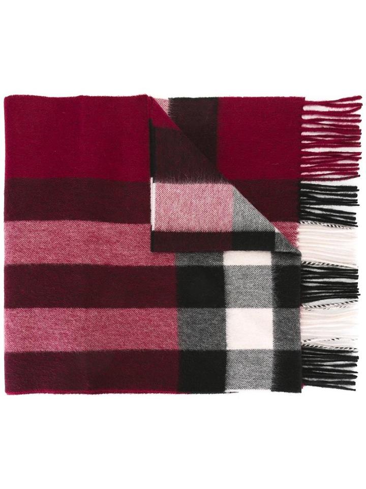 Burberry Checked Embroidered Scarf, Women's, Red, Cashmere